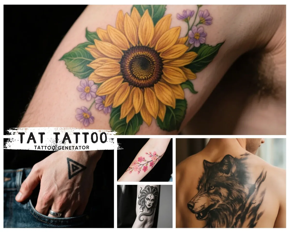 Collage of sunflower, geometric, cherry blossom, Medusa, and wolf tattoo concepts