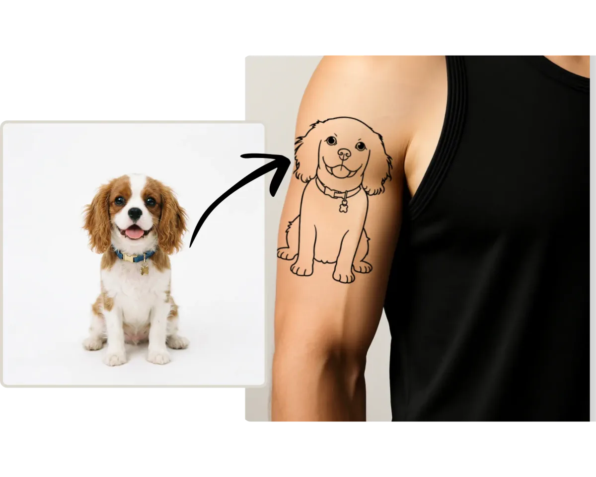 Dog photo beside a line-art dog tattoo preview on an upper arm