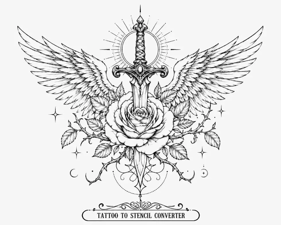 Winged sword and rose linework with small stars and a crescent moon
